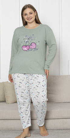 Pijamale dama marimi mari - Pijama bumbac de Dama Confortabila, Set cu Bluza si Pantaloni lungi, batal, verde 16255
