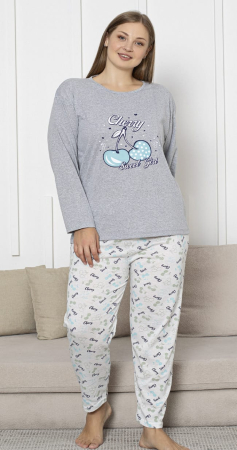 Pijamale dama marimi mari - Pijama bumbac de Dama Confortabila, Set cu Bluza si Pantaloni lungi, batal, gri 16255