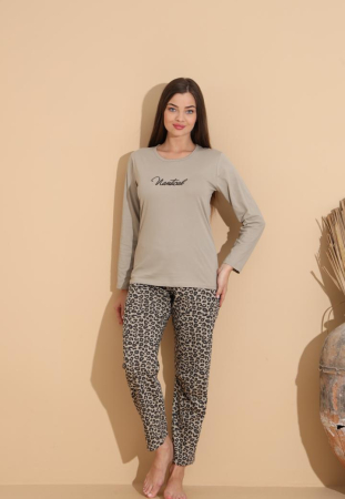 Pijama bumbac de Dama Confortabila, Set cu Bluza si Pantaloni lungi, bej 1008 Pijama bumbac de Dama Confortabila, Set cu Bluza si Pantaloni lungi, bej 1008