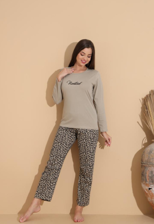 Pijama bumbac de Dama Confortabila, Set cu Bluza si Pantaloni lungi, bej 1008 [4]