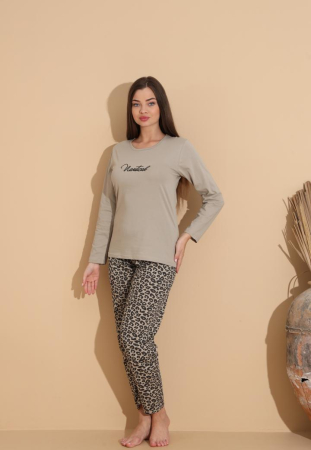 Pijama bumbac de Dama Confortabila, Set cu Bluza si Pantaloni lungi, bej 1008 [3]