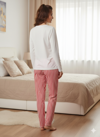 Pijama bumbac de Dama Confortabila, Set cu Bluza si Pantaloni lungi, alb/rosu 3734 [1]
