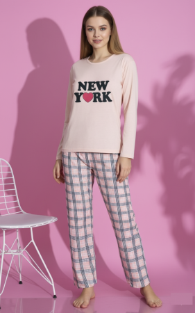 Pijamale dama - Pijama bumbac de Dama Confortabila, Set cu Bluza si Pantaloni lungi, corai 15909