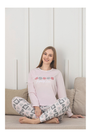 Pijama bumbac de Dama Confortabila, Set cu Bluza si Pantaloni lungi, corai deschis 205 [1]