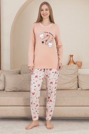 Pijamale dama bumbac - Pijama bumbac de Dama Confortabila, Set cu Bluza si Pantaloni lungi, corai 208
