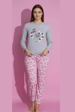 Pijamale - Pijama bumbac de Dama Confortabila, Set cu Bluza si Pantaloni lungi, gri 15386