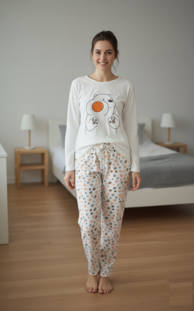 Pijamale dama - Pijama bumbac de Dama Confortabila, Set cu Bluza si Pantaloni lungi, alb 15916