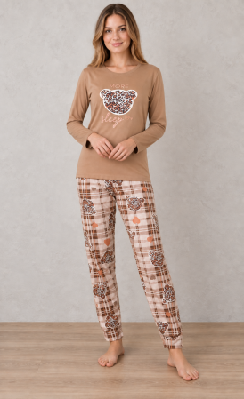 Pijamale dama bumbac - Pijama bumbac de Dama Confortabila, Set cu Bluza si Pantaloni lungi, maro 1023