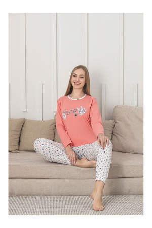Pijama bumbac de Dama Confortabila, Set cu Bluza si Pantaloni lungi, corai 206 [1]