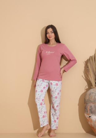 Pijama bumbac de Dama Confortabila, Set cu Bluza si Pantaloni lungi, roz 1011 [3]