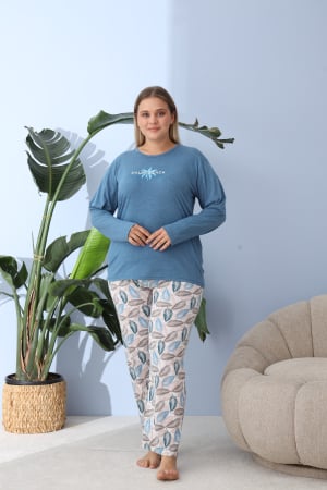 Pijamale dama marimi mari - Pijama bumbac de Dama Confortabila, Set cu Bluza si Pantaloni lungi, batal, albastru 60155