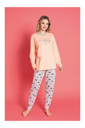 Pijama bumbac de Dama Confortabila, Set cu Bluza si Pantaloni lungi, corai 815 [2]
