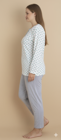 Pijama bumbac de Dama , Set cu Bluza si Pantaloni lungi, batal, gri 16243 [1]