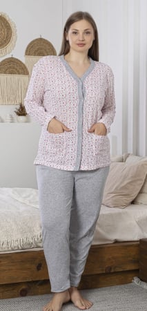 Pijamale dama marimi mari - Pijama bumbac de Dama , Set cu Bluza si Pantaloni lungi, batal, cu nasturi, gri/rosu 16172