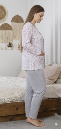 Pijama bumbac de Dama , Set cu Bluza si Pantaloni lungi, batal, cu nasturi, gri/rosu 16172 [1]
