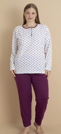 Pijamale dama - Pijama bumbac de Dama , Set cu Bluza si Pantaloni lungi, batal, visiniu 16243