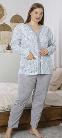 Pijamale dama marimi mari - Pijama bumbac de Dama , Set cu Bluza si Pantaloni lungi, batal, cu nasturi, gri 16172