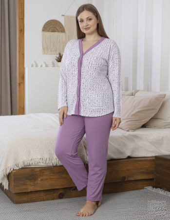 Pijamale dama bumbac - Pijama bumbac de Dama , Set cu Bluza si Pantaloni lungi, batal, cu nasturi, mov 16172
