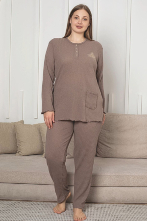 Pijamale dama - Pijama bumbac de Dama , Set cu Bluza si Pantaloni lungi, marime mare 709 bej