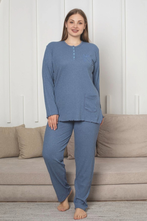 Pijamale dama - Pijama bumbac de Dama , Set cu Bluza si Pantaloni lungi, marime mare 701 albastru