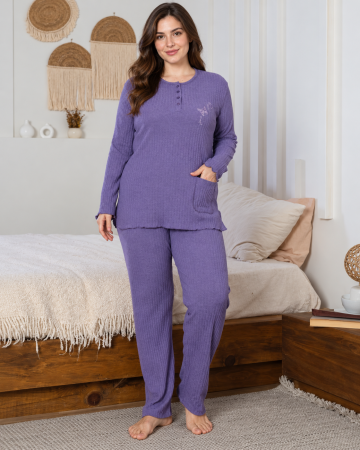 Pijamale dama bumbac - Pijama Dama Mov Lila, Set 2 Piese cu Bluza cu Nasturi si Buzunar, Pantaloni Lungi, Material Texturat 807