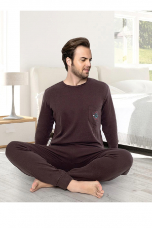 Pijama bumbac interlock barbat, maneci pantaloni lungi, imprimeu uni, maro, embody.ro [1]