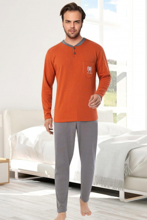 Pijamale - Pijama bumbac interlock barbat, maneci pantaloni lungi, imprimeu uni, portocaliu, embody.ro
