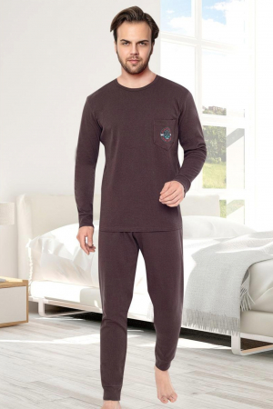 Pijama bumbac interlock barbat, maneci pantaloni lungi, imprimeu uni, maro, embody.ro [0]