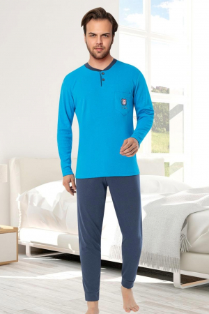 Pijamale - Pijama bumbac interlock barbat, maneci pantaloni lungi, albastru, embody.ro