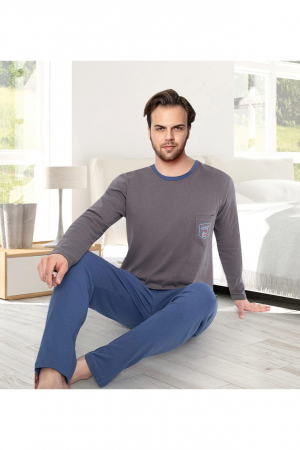 Pijama bumbac interlock barbat, maneci pantaloni lungi, imprimeu uni, gri, embody.ro [1]