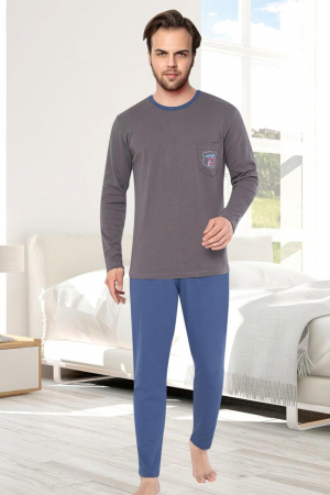 Pijamale - Pijama bumbac interlock barbat, maneci pantaloni lungi, imprimeu uni, gri, embody.ro
