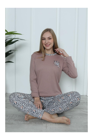 Pijama bumbac Interlok de Dama , Set cu Bluza si Pantaloni lungi maro 2052 [1]