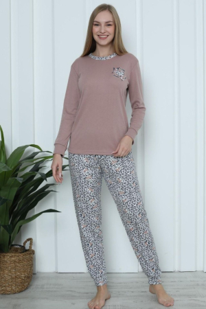 Pijamale familie - Pijama bumbac Interlok de Dama , Set cu Bluza si Pantaloni lungi maro 2052
