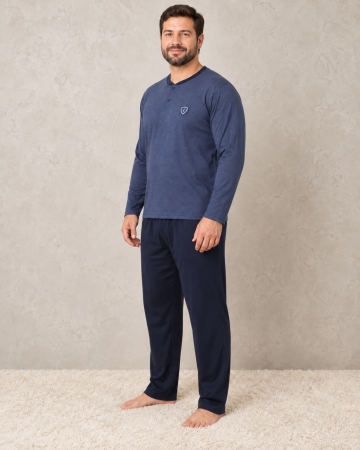 Pijamale barbati bumbac - Pijama barbati bumbac marimi mari, bluza bleumarin cu maneca lunga si pantaloni lungi