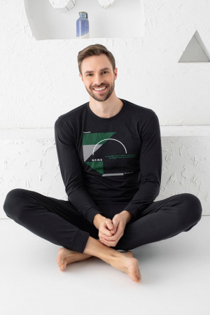 Pijamale - Pijama bumbac premium barbat, cu maneci si pantaloni lungi, negru, embody.ro