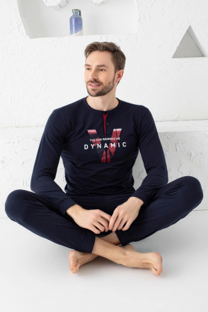 Pijamale - Pijama bumbac premium barbat, cu maneci si pantaloni lungi, imprimeu dynamic, negru, embody.ro