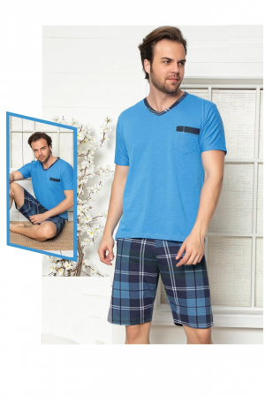 Pijama bumbac premium barbat cu maneci si pantaloni scurti, albastru, embody.ro [1]