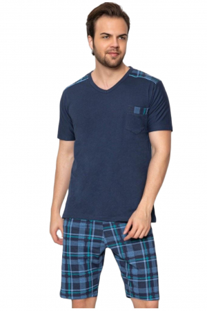 Pijama bumbac premium barbat, maneci si pantaloni scurti, albastru [3]