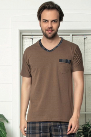 Pijama bumbac premium barbat, maneci si pantaloni scurti, maro, embody.ro [2]