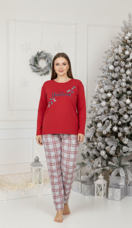 Pijamale dama - Pijama bumbac vatuit Dama, Bluza si Pantaloni lungi, batal, rosu 16392 cadou Craciun