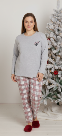 Pijamale dama - Pijama bumbac vatuit Dama, Bluza si Pantaloni lungi, batal, gri 16393 cadou Craciun