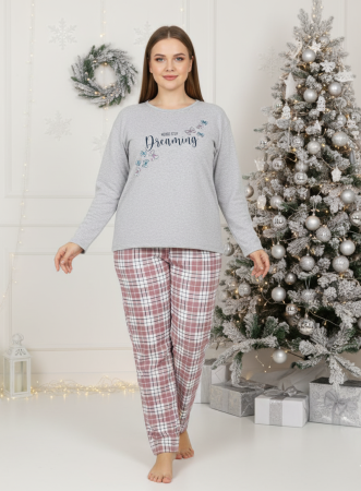 Pijamale dama - Pijama bumbac vatuit Dama, Bluza si Pantaloni lungi, batal, gri 16392 cadou Craciun