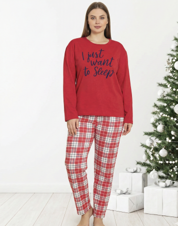 Pijamale dama bumbac - Pijama bumbac Dama, Bluza si Pantaloni lungi, batal, rosu 16401 cadou Craciun