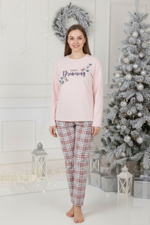 Pijamale dama - Pijama bumbac vatuit Dama, Bluza si Pantaloni lungi, batal, roz 16392 cadou Craciun