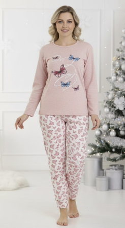 Pijamale dama - Pijama bumbac vatuit Dama, Bluza si Pantaloni lungi, roz 16376