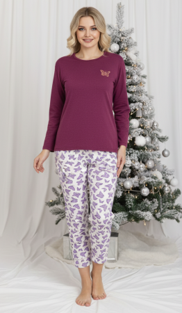 Pijamale dama - Pijama bumbac vatuit Dama, Bluza si Pantaloni lungi, mov 16382 cadou Craciun