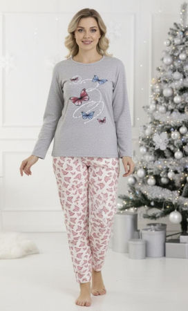 Pijamale dama - Pijama bumbac vatuit Dama, Bluza si Pantaloni lungi, gri 16376 cadou Craciun