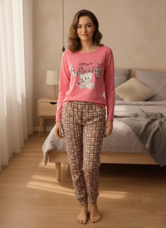 Pijamale dama - Pijama bumbac vatuit de Dama, Set cu Bluza si Pantaloni lungi roz 15476