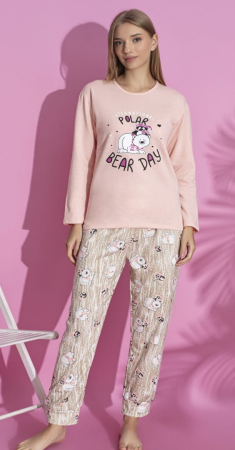 Pijamale dama - Pijama bumbac vatuit de Dama, Set cu Bluza si Pantaloni lungi corai 15442