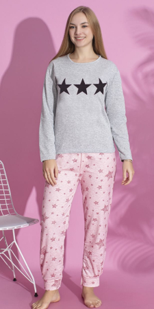Pijamale dama bumbac - Pijama bumbac vatuit de Dama, Set cu Bluza si Pantaloni lungi gri 15425